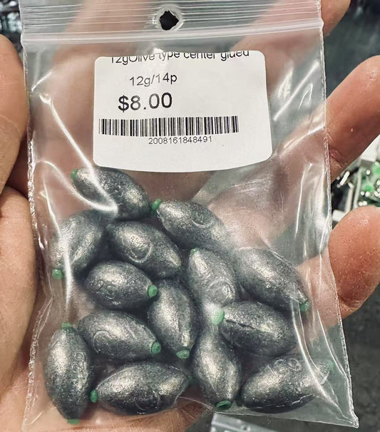 Olive type center glued fishing lead sinker