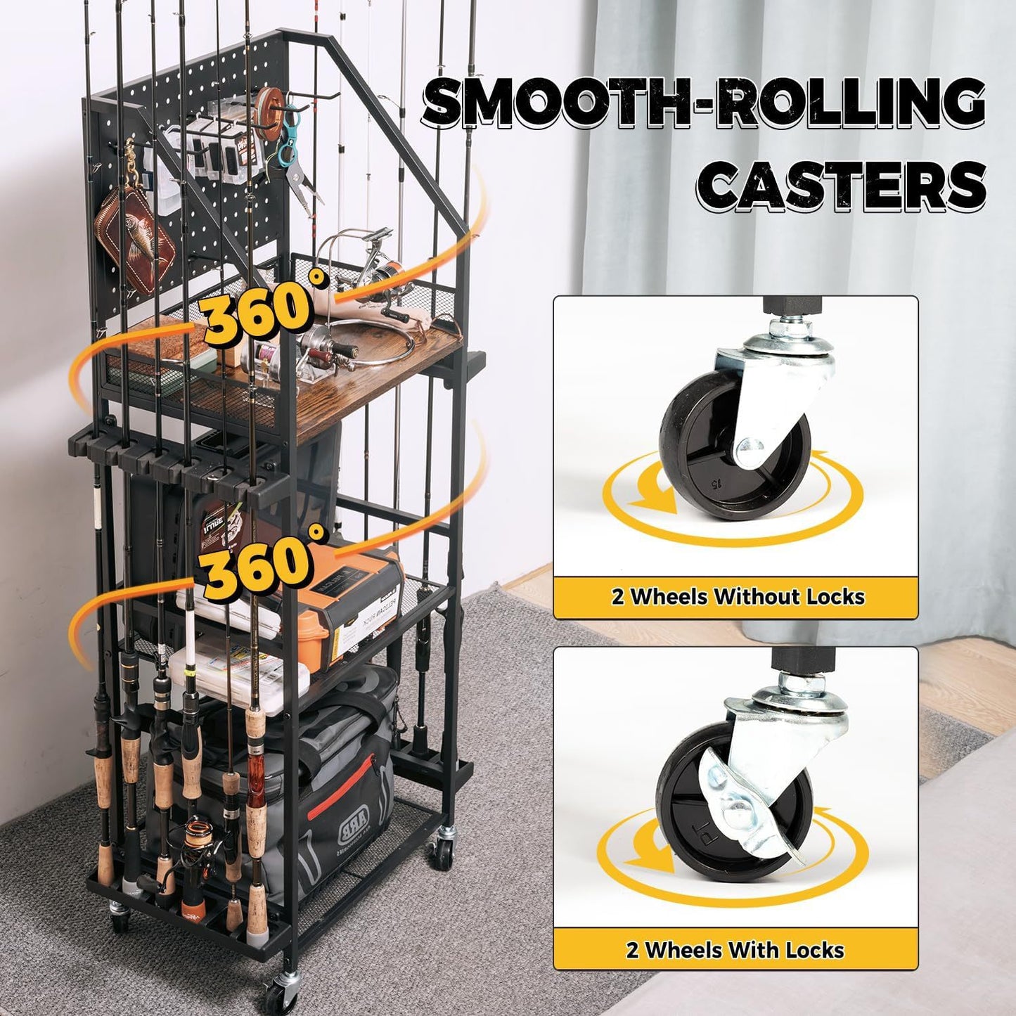 Fishing Rod Rack with Pegboard Mobile Fishing Rod Storage Cart Sturdy for Garage