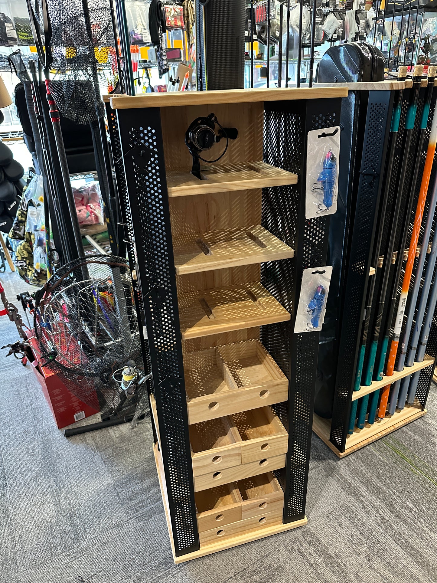 ILURE fishing rod rack, lure rod storage rack, with rotatable base.