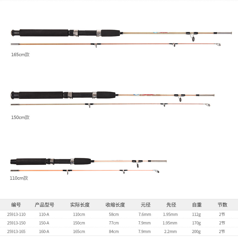 Two-section raft fishing rod made of fiberglass