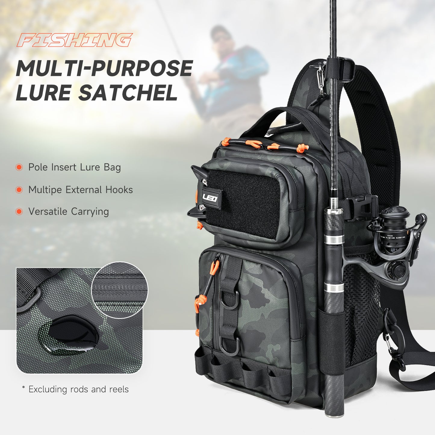 LEO Fishing Sling Bag Small Fishing Tackle Storage Bags Chest Bag with Rod Holder
