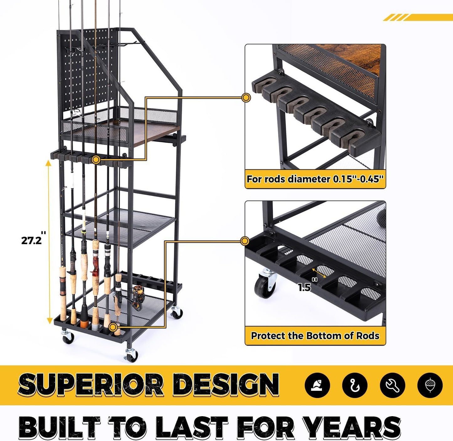 Fishing Rod Rack with Pegboard Mobile Fishing Rod Storage Cart Sturdy for Garage