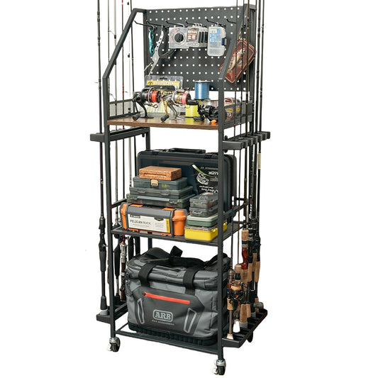 Fishing Rod Rack with Pegboard Mobile Fishing Rod Storage Cart Sturdy for Garage