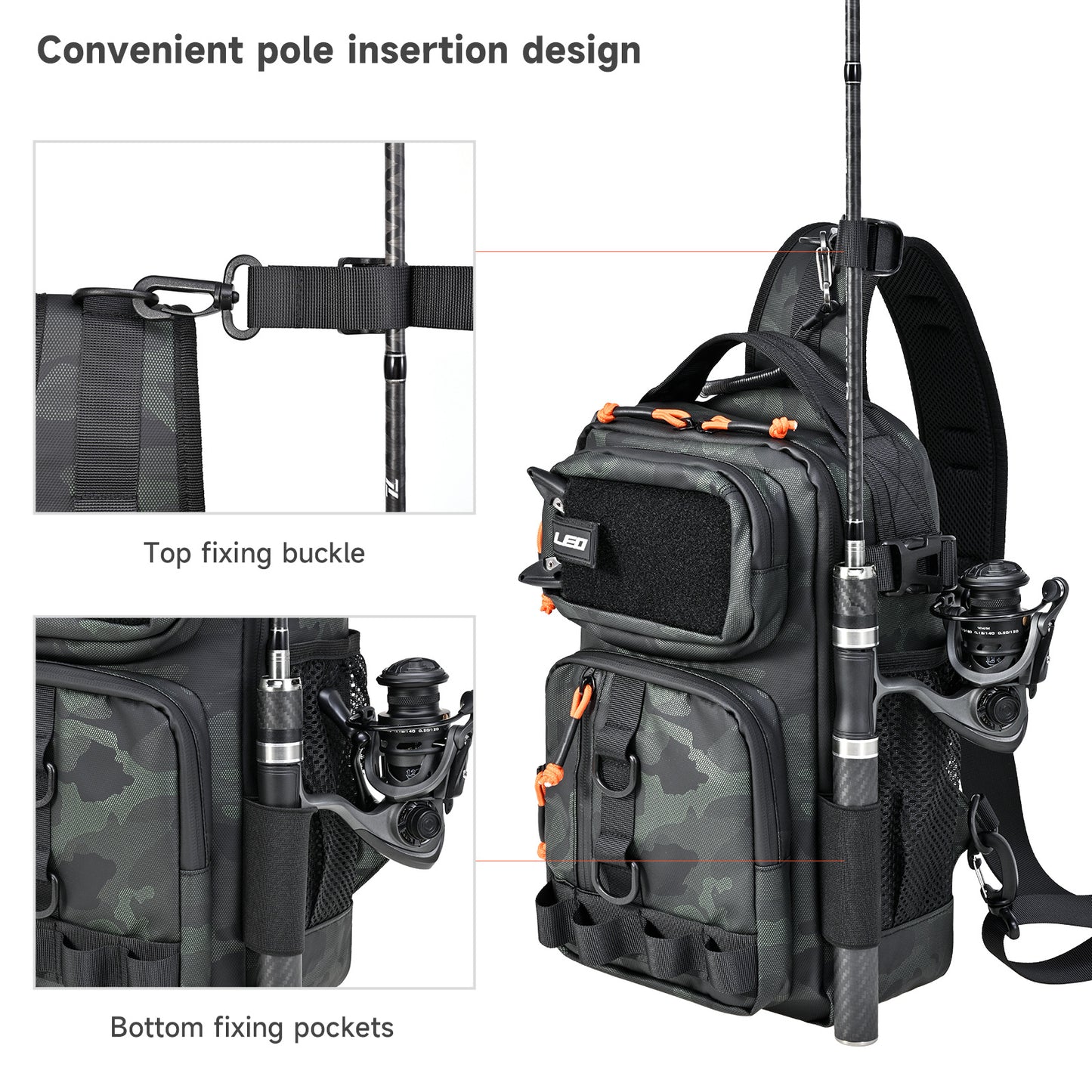 LEO Fishing Sling Bag Small Fishing Tackle Storage Bags Chest Bag with Rod Holder