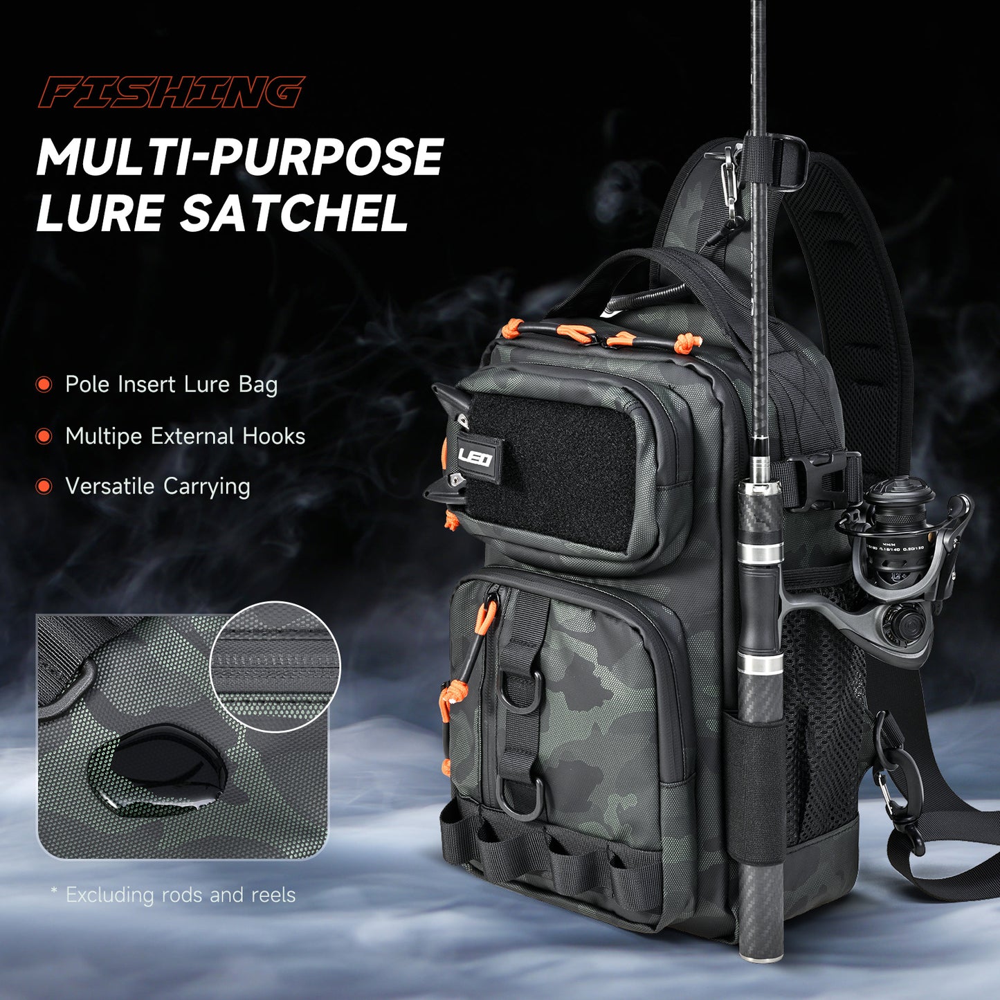 LEO Fishing Sling Bag Small Fishing Tackle Storage Bags Chest Bag with Rod Holder