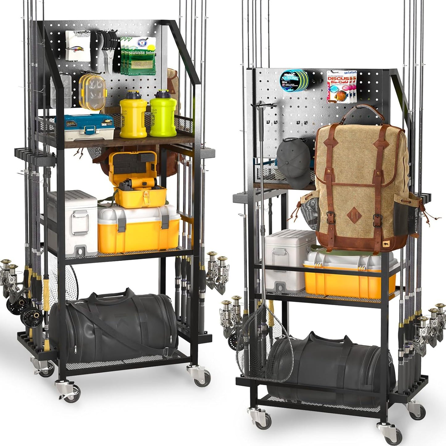 Fishing Rod Rack with Pegboard Mobile Fishing Rod Storage Cart Sturdy for Garage